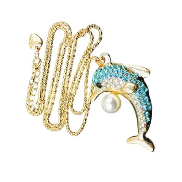 Betsey Johnson Jewelry - Betsey Johnson Necklace Blue Crystal Dolphin Pendant Gold Tone
